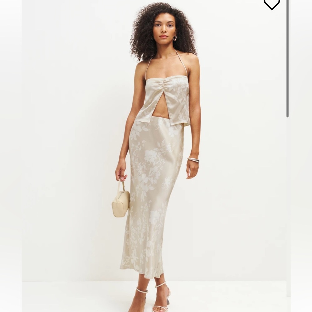 Reformation Cream Floral Satin Midi Dress